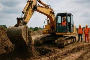 Koparka pracująca na budowie, z widocznym operatorem i ekipą budowlaną.