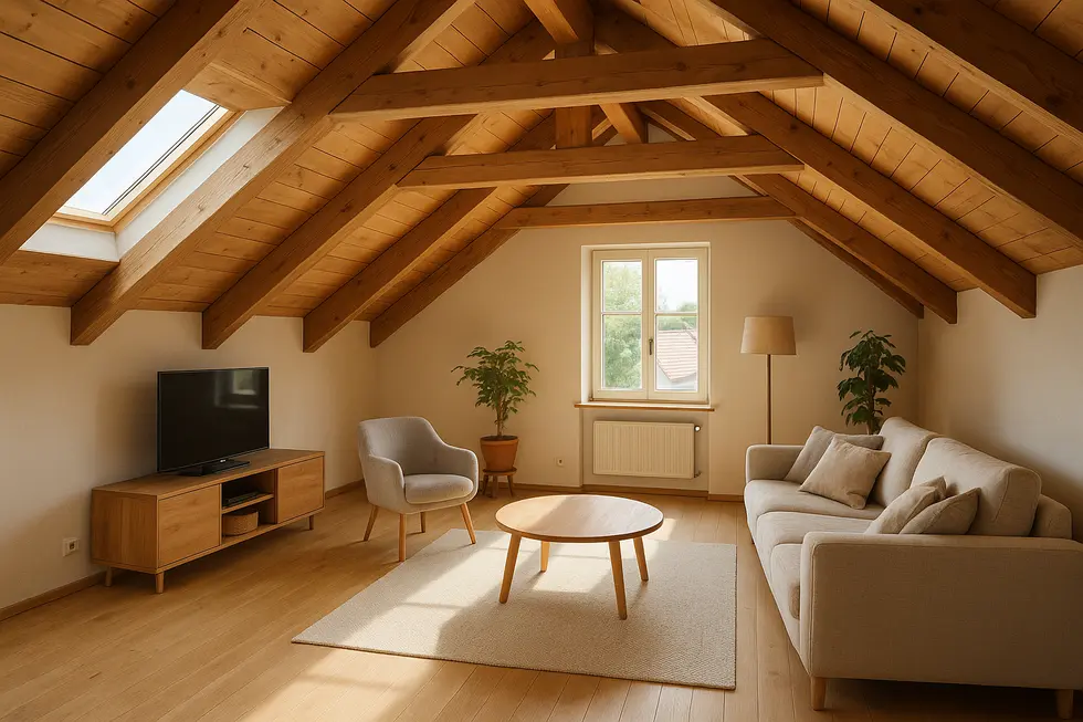 Przykład stylowo wykończonego poddasza, prezentujący drewniane belki i przytulne meble.