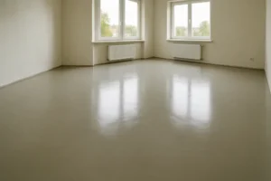 Pięknie wykończona podłoga z wylewką samopoziomującą w nowoczesnym wnętrzu.