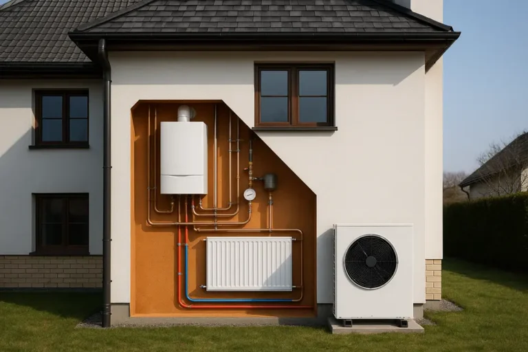 Ile kosztuje wymiana instalacji centralnego ogrzewania? 8 Dom z nowoczesnym systemem centralnego ogrzewania z widocznymi elementami instalacji.