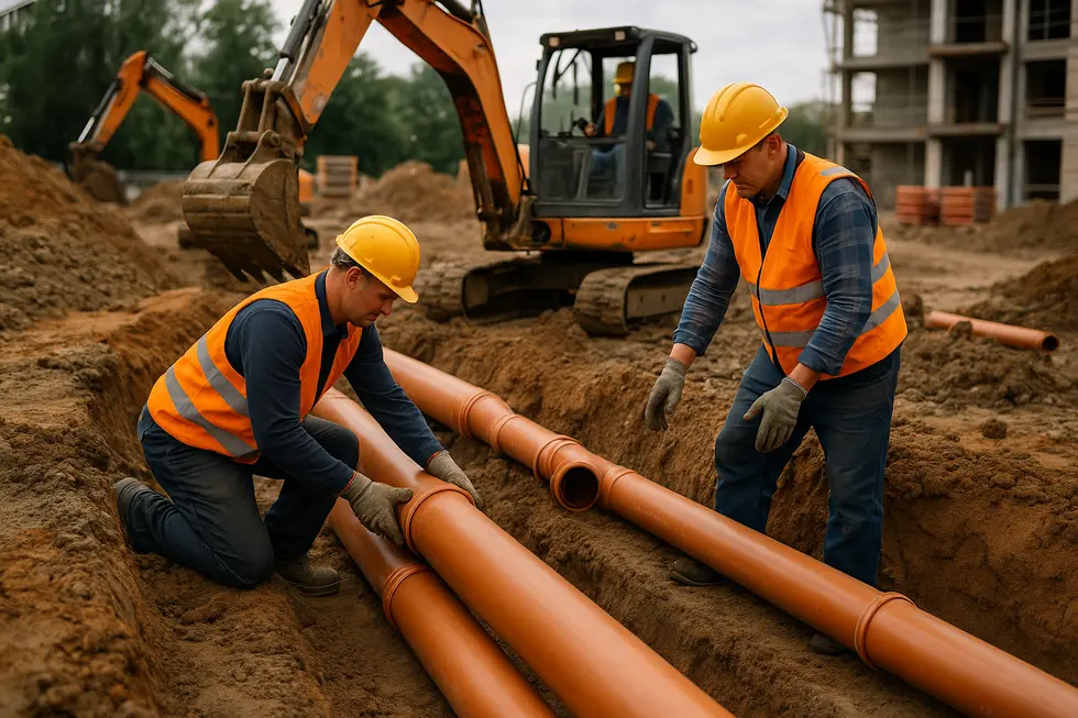 Workers installing sewer pipes on a construction site.
