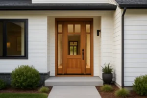 Nowoczesne drzwi w eleganckim domu, oddające atmosferę przytulności i stylu.