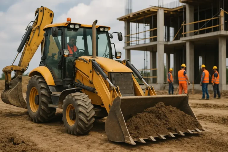 Ile kosztuje wynajem koparko-ładowarki? Przewodnik dla przyszłych inwestorów 7 Koparko-ładowarka pracująca na budowie z zespołem budowlanym.