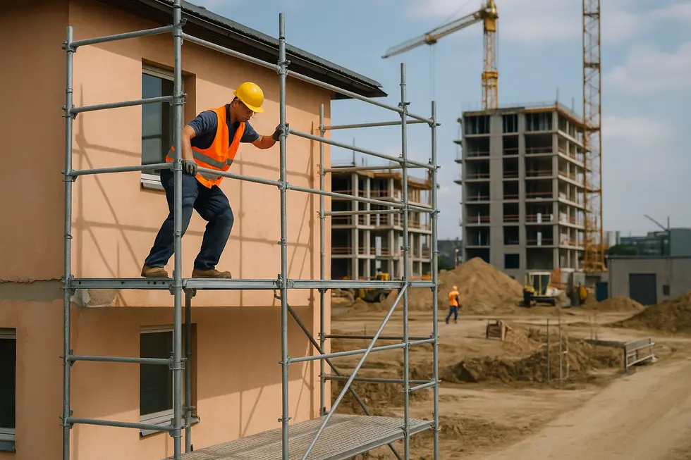 Rusztowanie ustawione na budowie z pracownikami wykonującymi prace budowlane.