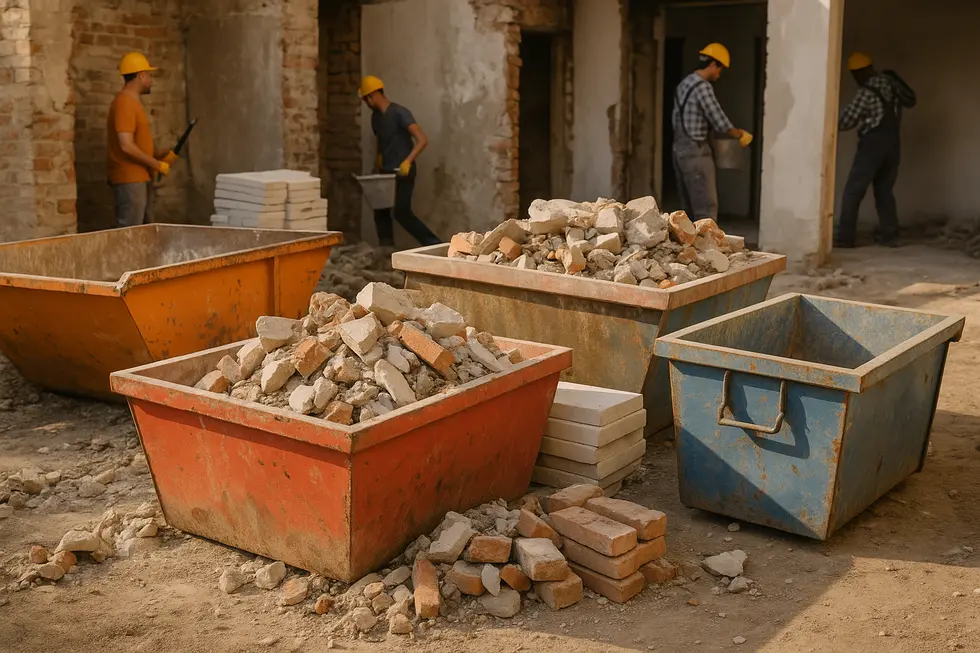 Kontenery na gruz i ekipa pracująca przy remoncie.