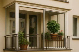 Przytulny balkon z efektowną zabudową i roślinnością.