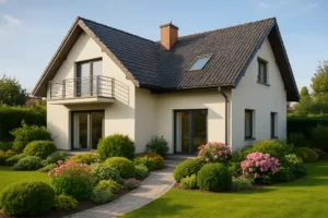 Zrealizowany nowy dom z pięknym ogrodem.