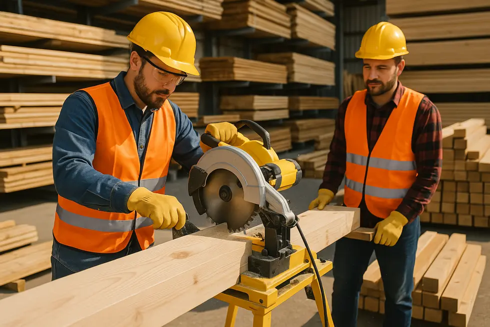 Pracownicy budowlani przy zakupie drewna w składzie budowlanym.