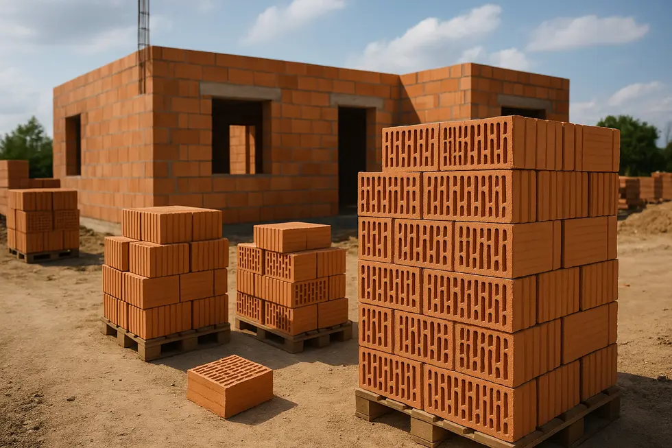 Obraz placu budowy z widocznymi pustakami, ilustrujący ich zastosowanie w budownictwie.