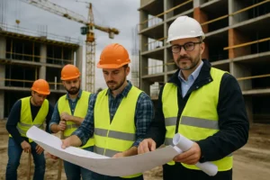 Zespół budowlany współpracujący pod nadzorem kierownika budowy.