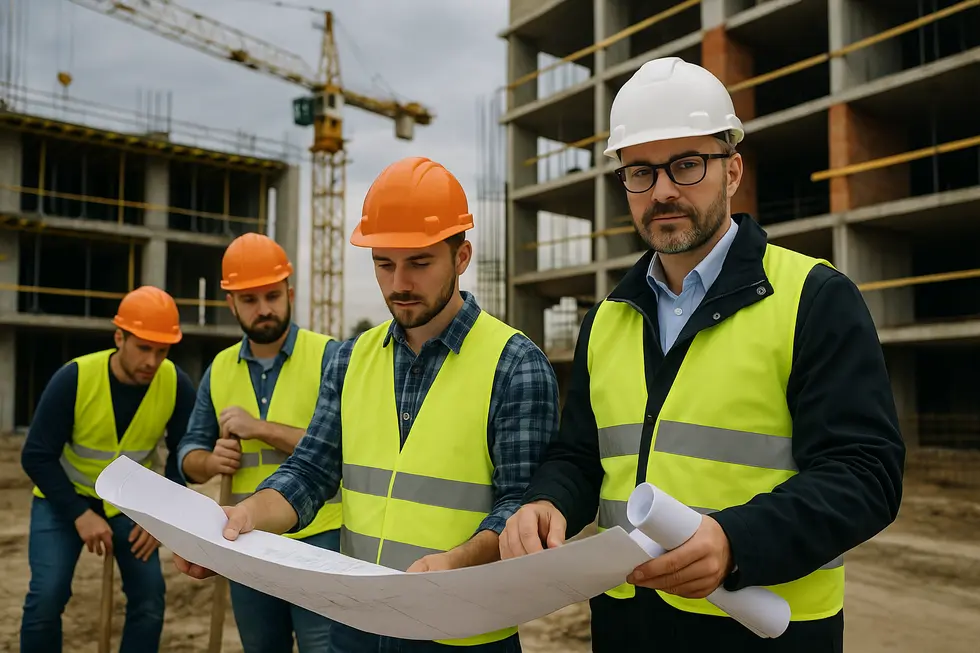 Zespół budowlany współpracujący pod nadzorem kierownika budowy.