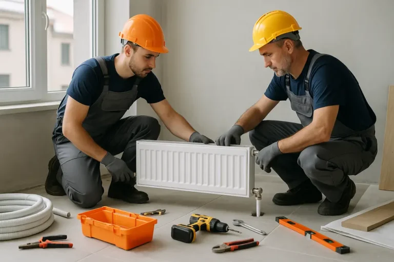 Fachowcy montujący grzejnik w nowoczesnym domu, z narzędziami i materiałami oprzyrządowania.