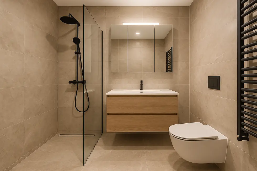 Zmodernizowana łazienka o powierzchni 6 m² łącząca nowoczesny design z funkcjonalnością.