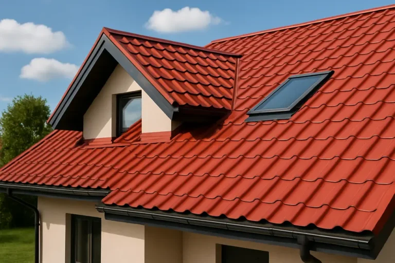 Nowoczesny dom z blachodachówką jako pokryciem dachowym.