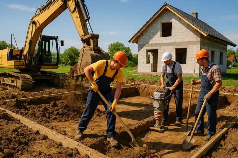 Ile kosztuje wykop fundamentów pod dom? 12 Ekipy budowlane pracujące nad wykopami fundamentów w budowie domu.