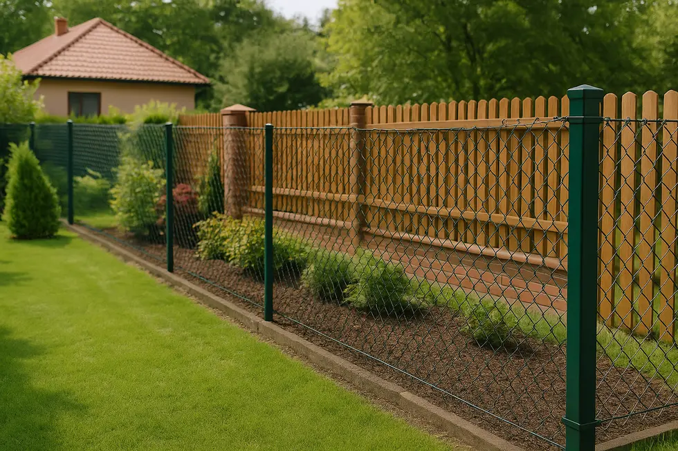 Widok na ogród z różnymi typami ogrodzeń, reprezentujący bezpieczeństwo.