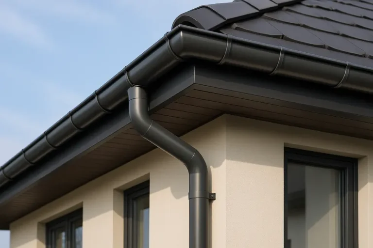 Ile kosztuje montaż rynien? Zrozumienie kluczowych aspektów 10 Zdjęcie nowoczesnego budynku z estetycznie zamontowanymi rynnami, sugerujące wysoką jakość wykonania.