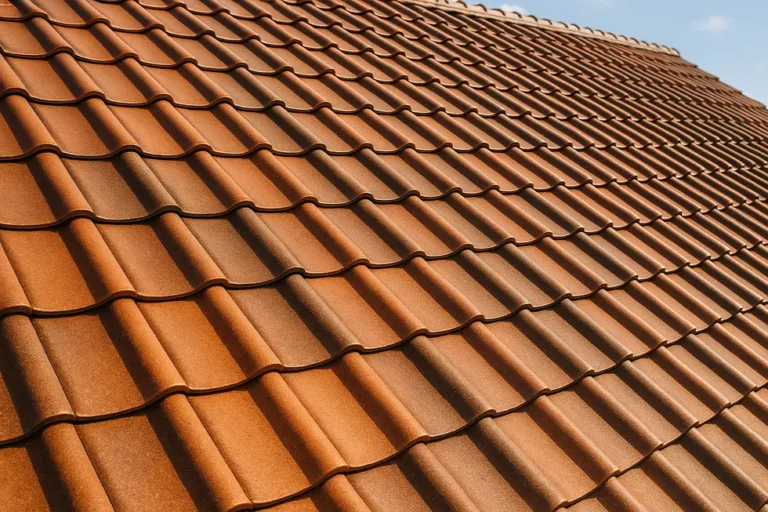 Ile kosztuje dachówka ceramiczna: Praktyczny przewodnik dla remontujących dach 10 Widok z góry na dach pokryty ceramicznymi dachówkami w słoneczny dzień.