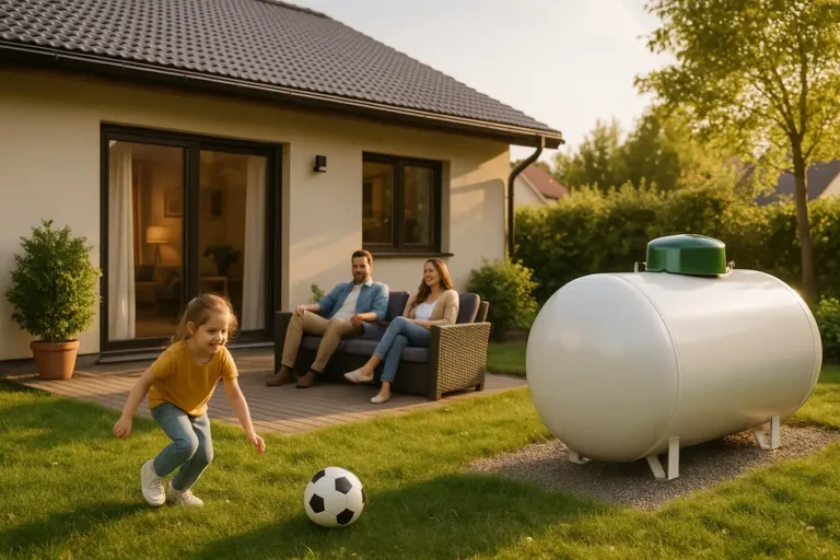Ile kosztuje przydomowy zbiornik na gaz? Przewodnik dla właścicieli domów 11 Rodzinny dom z nowoczesnym zbiornikiem na gaz w ogrodzie.