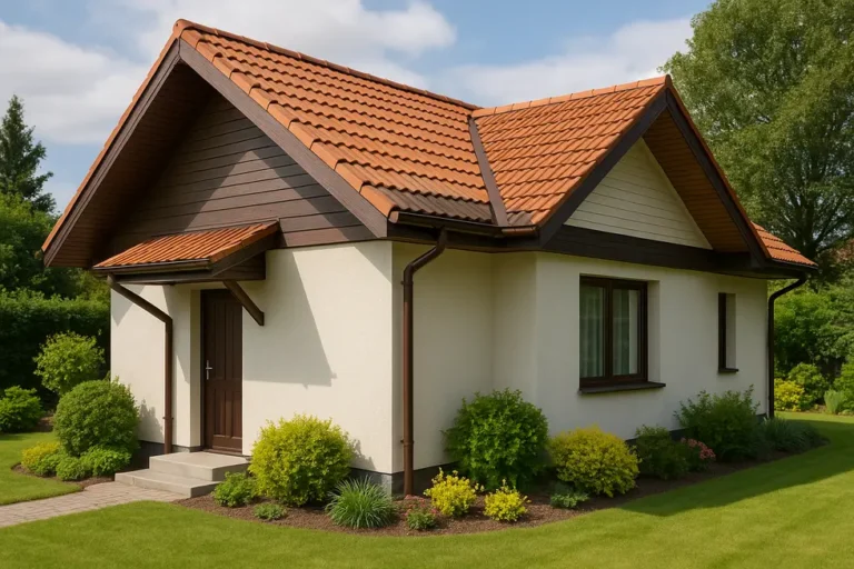 Koszt montażu podbitki dachowej: Co musisz wiedzieć? 8 Dom z podbitką dachową w różnych materiałach, otoczony pięknym ogrodem.