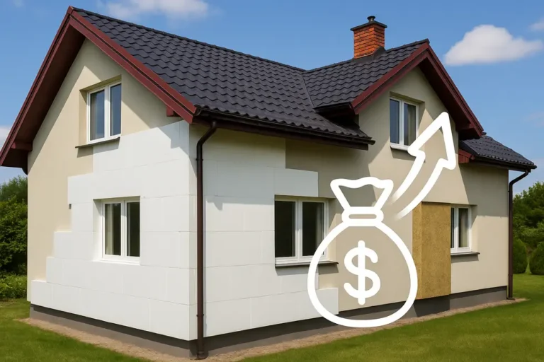 Koszt ocieplenia domu o powierzchni 150 m²: Co musisz wiedzieć 5 Ilustracja dobrze ocieplonego domu, z zaznaczeniem użytych materiałów.