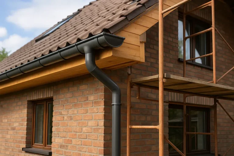 Ile kosztuje wymiana rynien? 4 Dom będący w trakcie remontu z nowymi rynnami, które są aktualizowane.