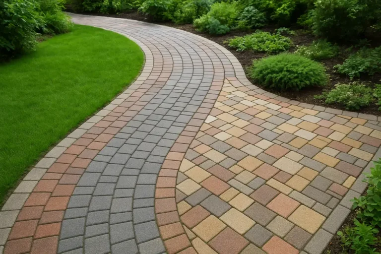 Ile kosztuje kostka brukowa? Praktyczny przewodnik dla budujących podjazdy. 1 Ścieżka z kostki brukowej w ogrodzie, otoczona zielenią, pokazująca różnorodność wzorów.
