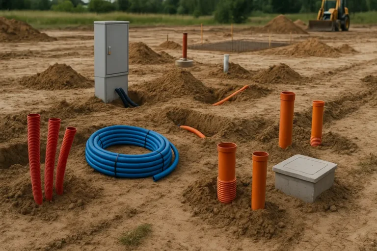 Ile kosztuje uzbrojenie działki? Przewodnik po kosztach i formalnościach 5 Widok na działkę budowlaną z instalacjami uzbrojenia mediów.