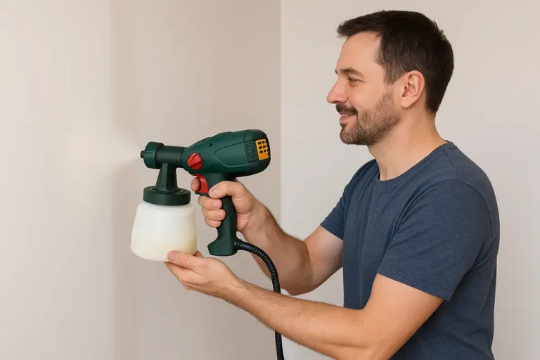 Agregat malarski dla amatora – jak wybrać odpowiedni model do 2000 zł? 5 A homeowner using a paint sprayer to renovate a living space.
