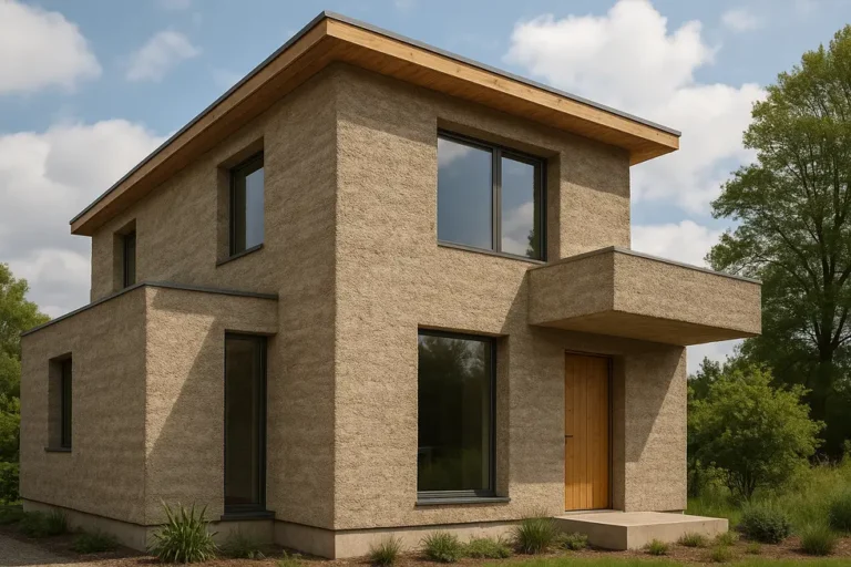 Beton konopny: Wady, Zalety i Opinie. Czy To Materiał Przyszłości? 11 Ekologiczny budynek wykonany z betonu konopnego, ukazujący nowoczesny i przyjazny dla środowiska design.