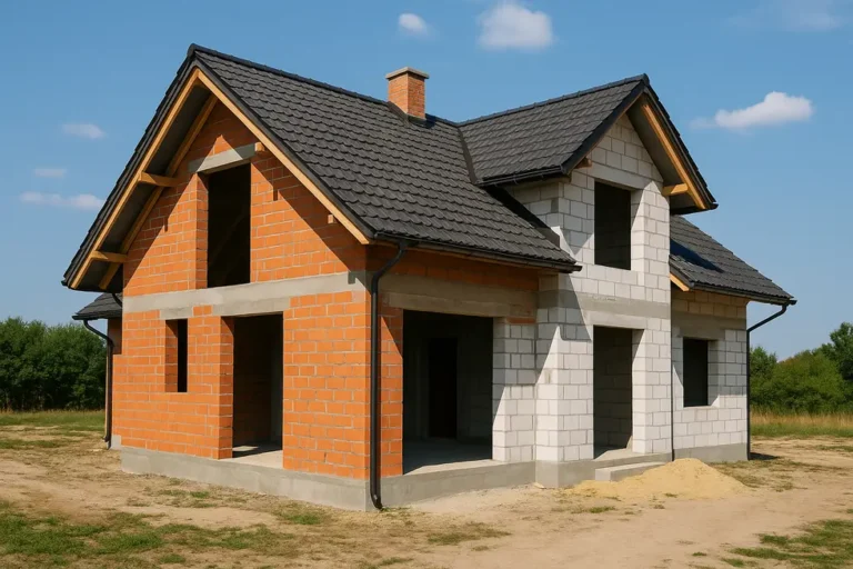 Cegła czy pustak – co wybrać do budowy domu jednorodzinnego? 7 Widok budowy domu jednorodzinnego z cegły i pustaków.