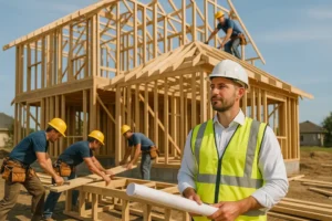 A construction team collaborating efficiently under the supervision of a construction manager, showcasing teamwork and success.