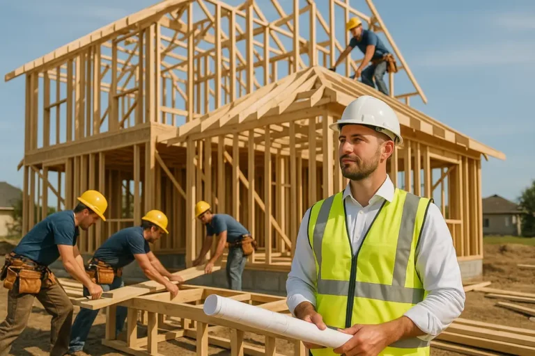 Koszty i wybór kierownika budowy w 2025 roku 4 A construction team collaborating efficiently under the supervision of a construction manager, showcasing teamwork and success.