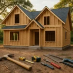 Obraz przedstawiający nieukończony dom otoczony naturalnym krajobrazem.