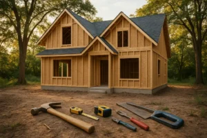 Obraz przedstawiający nieukończony dom otoczony naturalnym krajobrazem.