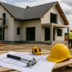 Nowoczesny dom w budowie, przedstawiający różne narzędzia i profesjonalnych pracowników.