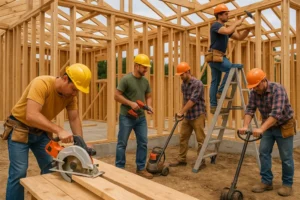 Widok na plac budowy domu z pracownikami oraz różnymi narzędziami budowlanymi.