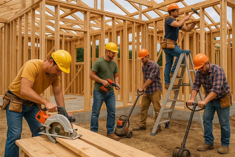 Widok na plac budowy domu z pracownikami oraz różnymi narzędziami budowlanymi.