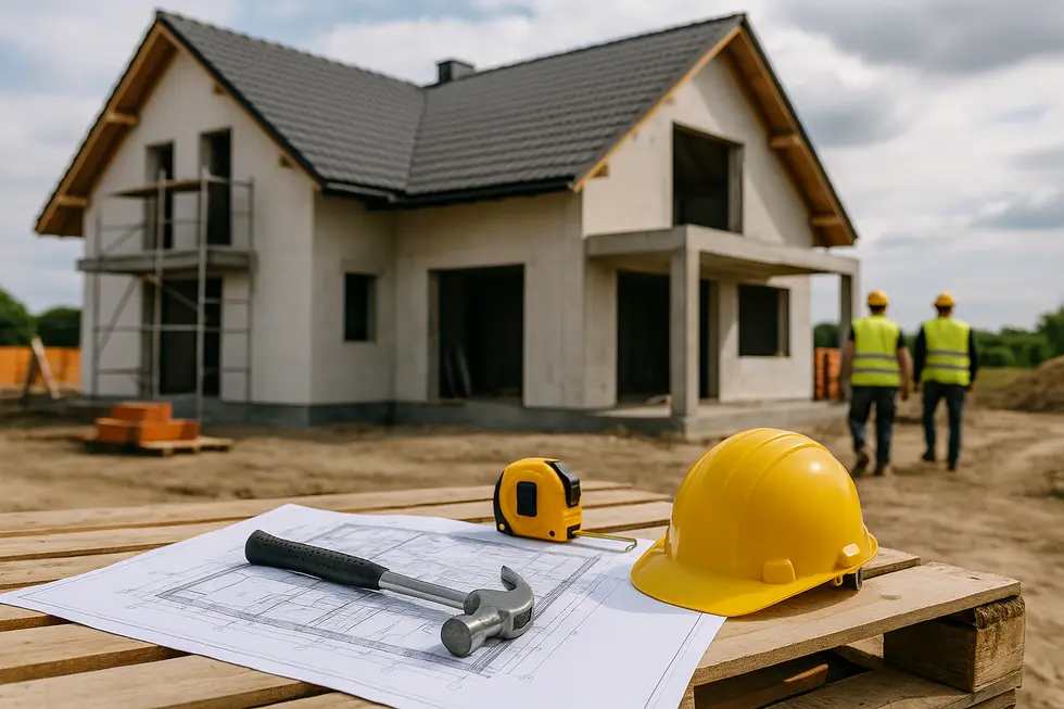 Nowoczesny dom w budowie, przedstawiający różne narzędzia i profesjonalnych pracowników.