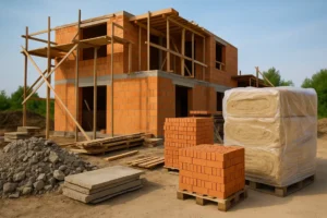 A construction site illustration emphasizing the balance between quality materials and cost-saving approaches.