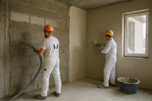 Zdjęcie placu budowy z zastosowaniem tynków maszynowych i ręcznych.