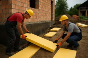 Zdjęcie przedstawiające proces ocieplania fundamentów w trakcie budowy.