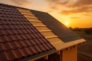 Współczesny projekt dachu pokazujący blachodachówkę i papę termozgrzewalną.