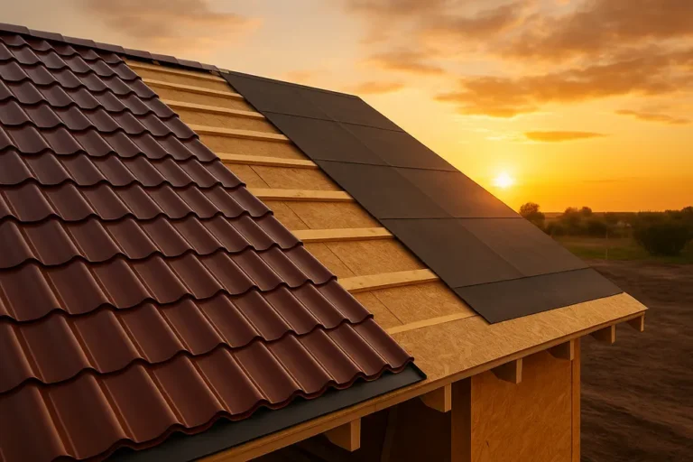 Jak tanio i dobrze pokryć dach? Porównanie blachodachówki i papy 10 Współczesny projekt dachu pokazujący blachodachówkę i papę termozgrzewalną.