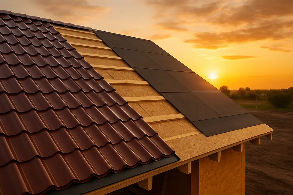 Współczesny projekt dachu pokazujący blachodachówkę i papę termozgrzewalną.