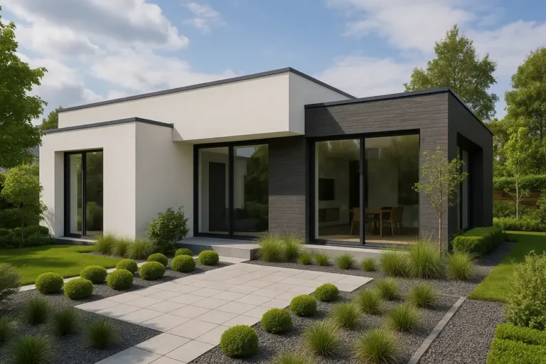 Dach Płaski w Domu Jednorodzinnym: Nowoczesne Rozwiązania dla Inwestorów 11 Nowoczesny dom jednorodzinny z płaskim dachem otoczony zielonym ogrodem.