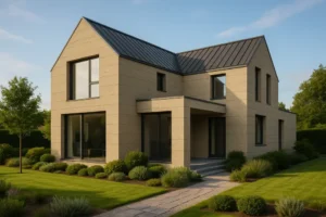 Nowoczesny dom z keramzytu otoczony zielenią, prezentujący nowoczesną architekturę.