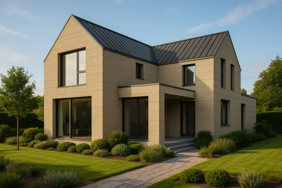 Nowoczesny dom z keramzytu otoczony zielenią, prezentujący nowoczesną architekturę.