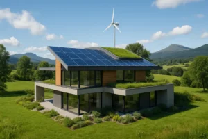 Nowoczesny dom zeroemisyjny w malowniczym krajobrazie.