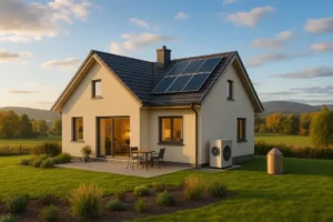 Widok na nowoczesny dom z systemem ogrzewania przyjaznym dla środowiska.